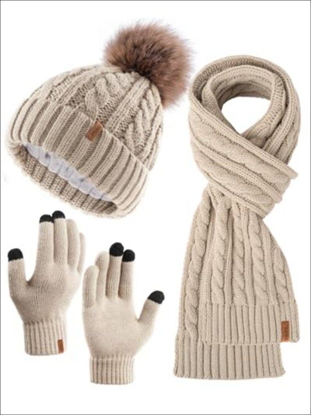 Winter Hat Scarf Gloves Set 3 in 1 Acrylic Knit Fleece Lined Pom Beanie Cold